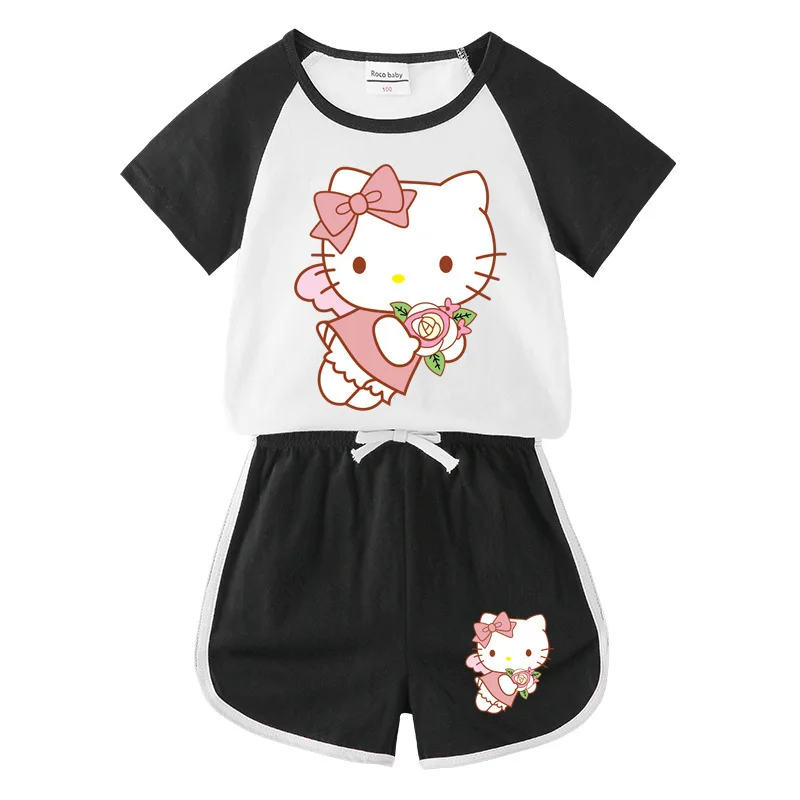 thumbnail image 1 of Hello Kitty Girl-Conjunto de pantalones cortos de manga corta con dibujos animados para bebé, camiseta transpirable de algodón puro, pantalones, traje deportivo informal de dos piezas, 1 of 5