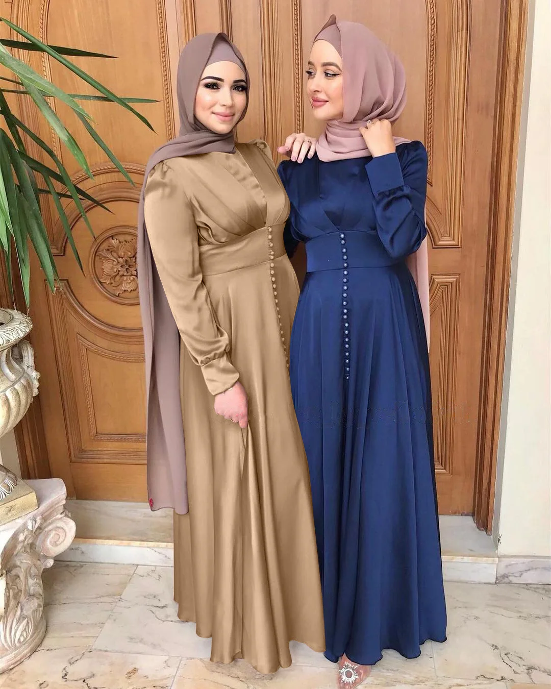 Eid Mubarak Satin Muslim Long Dress 