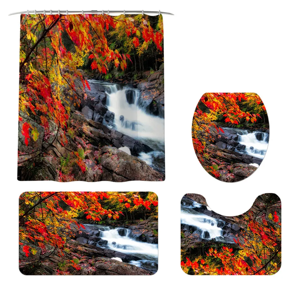 Mountain Landscape Print Shower Bathroom Mat and Shower Curtain Four-Piece Set household accessories for bathroom shower set - Цвет: E1 4Ps