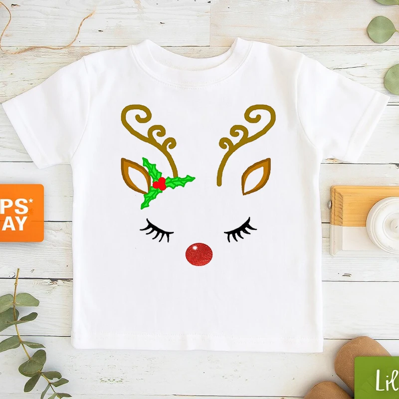 

2022 Merry Christmas T-Shirt Kawaii Unicorn Face Antlers T Shirt Kids Clothes Boy Girls Tshirt Short Sleeve T-Shirts 90s Tops