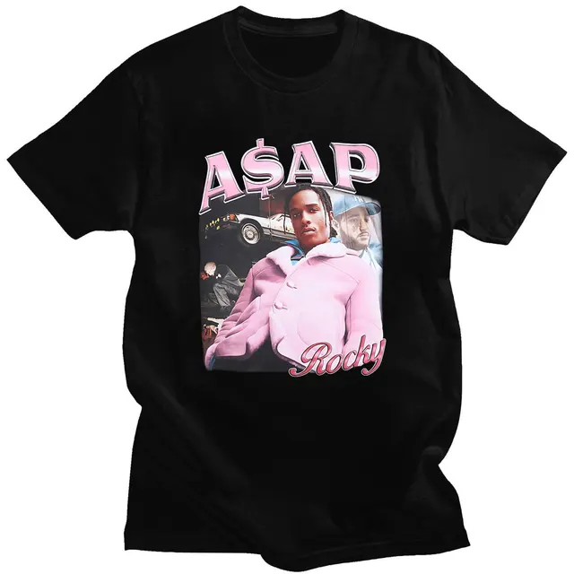 Hot Sale ASAP Rocky Portrait Graphic Aesthetics T-shirts Hip Hop Cotton Short Sleeve Loose Couple T-Shirt Casual Harajuku Tshirt Black