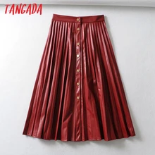 Tangada, женская красная юбка миди из искусственной кожи, винтажная, женская,, офисная, женская, элегантная, шикарная, на пуговицах, плиссированная, миди, юбки 6A312
