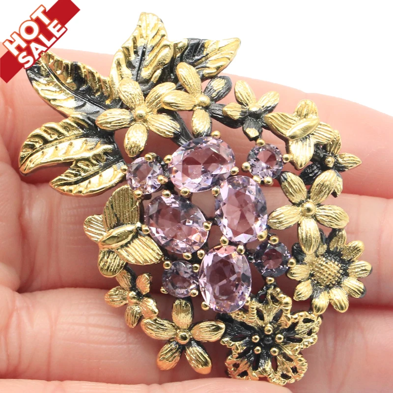 

57x39mm Neo-Gothic Vintage 19g Created Pink Kunzite Rhodolite Garnet For Women Black Gold Silver Pendant Bohemia Design