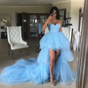 

High Low Prom Dresses 2020 Sweetheart Ruffles Light Blue Tulle Short Front Long Back Party Dresses Graduation Evening Gowns