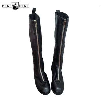 

Handmade Long Boots Women Front Zipper Thick Heel Knight Boots Winter Genuine Leather Ladies Shoes Casual Knee High Boots White