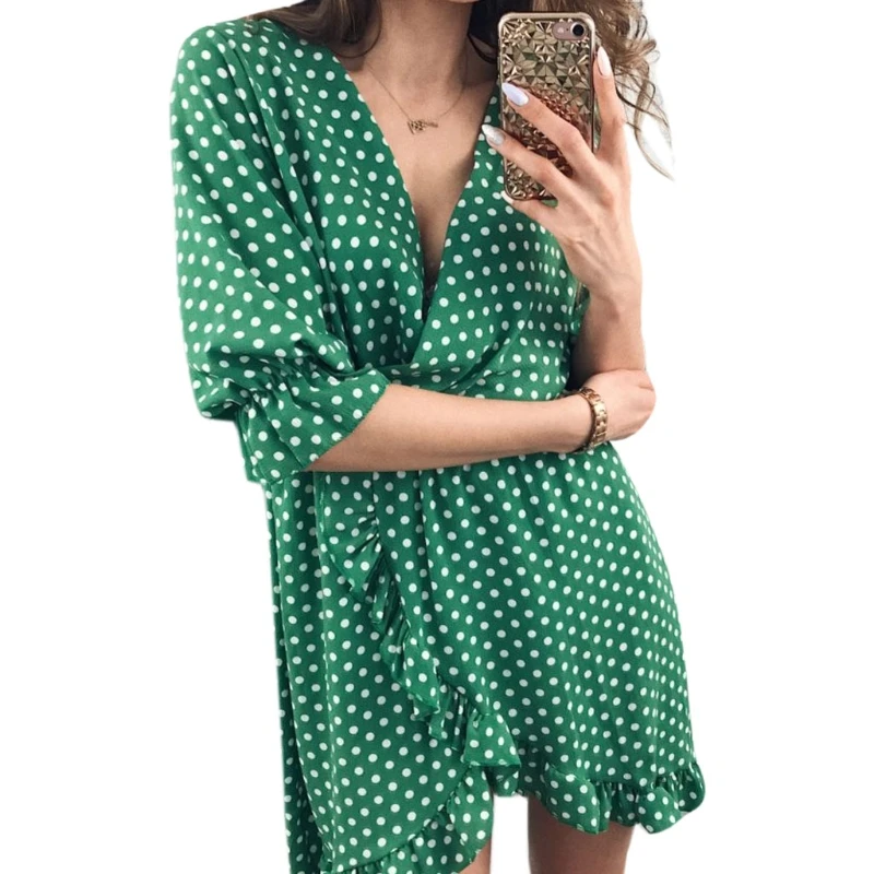 

Womens Mini Dress Ruffles Polka Dot Print Half Sleeve Irregular Hem Boho Skirt