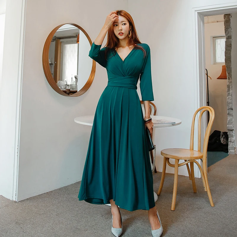 Acetate V-neck Long-sleeved Midi Dress With Belt