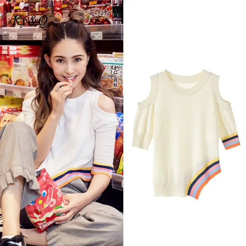 

2019 NEW Women Brands Designer Off-the-shoulder asymmetrical top with waist-sleeved half sleeve sweater 2 colors