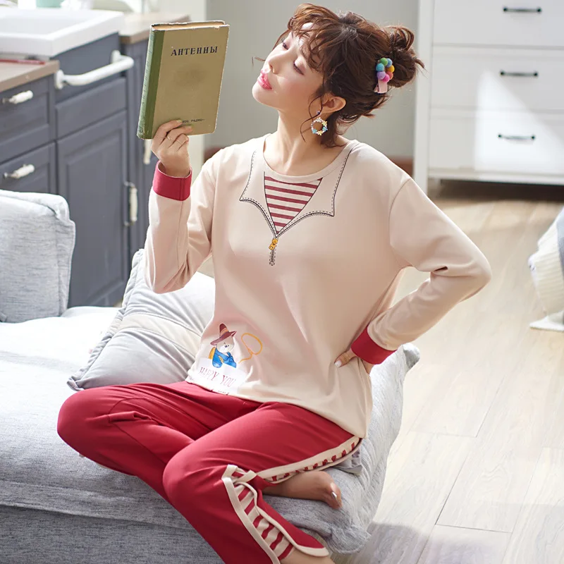 

Pajamas Women's Spring And Autumn 6535 Cotton Long Sleeve Trousers Korean-style Women's Summer Thin Section Nursing Home Wear Tw