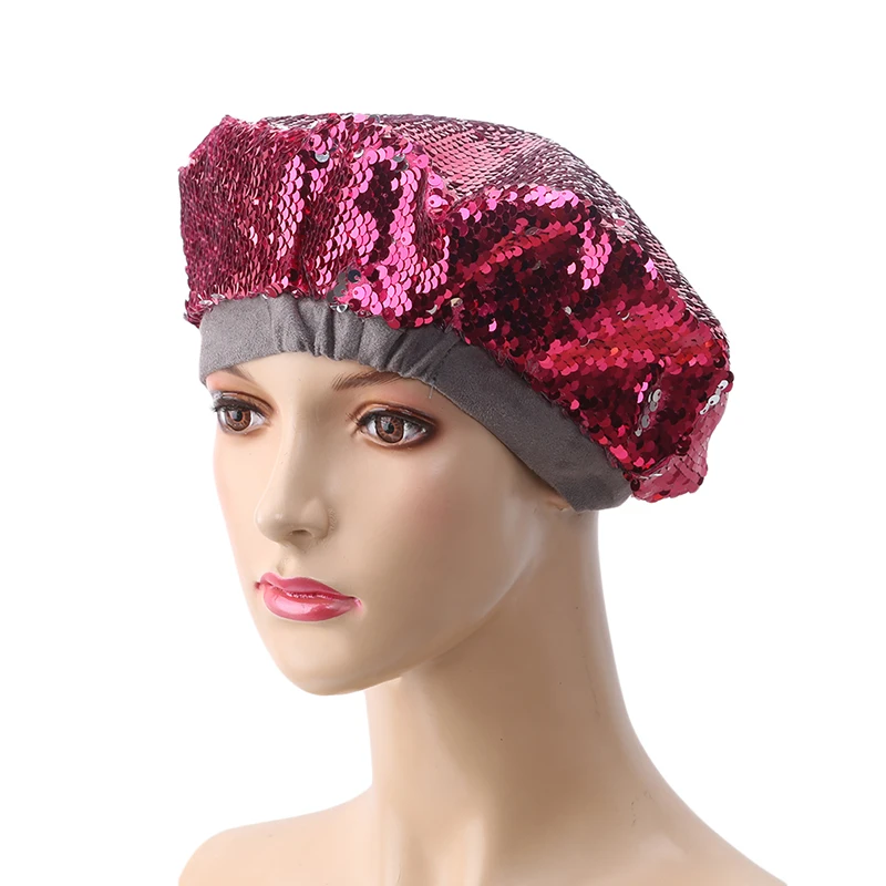 Women Sequins Hat Shiny Costume Jazz Glitter Dance Beret Flat Cap Ladies Fashion Accessories Beanie