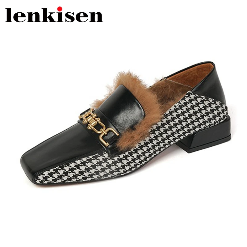 

Lenkisen luxury modern shoes rabbit fur winter keep warm metal decorations low heels cow split leather gingham women pumps l30