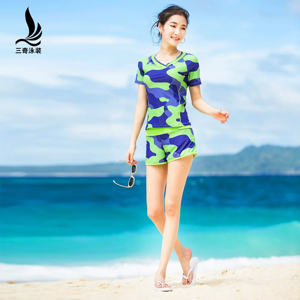 

Sanqi Camouflage Bathing Suit Conservative Split Type Boxer Sports Slimming Belly Covering Short Sleeve Large Size Hot Springs S
