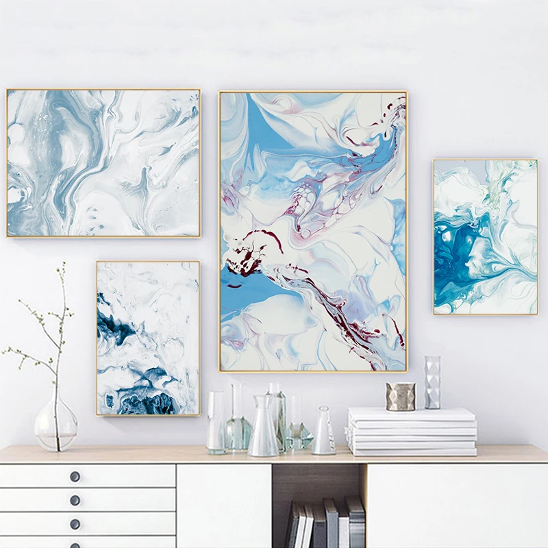 

Simple Abstract Watercolor Blue Marble Striped Canvas Painting Art Print Poster Picture Living Room Office Modern Home Decor