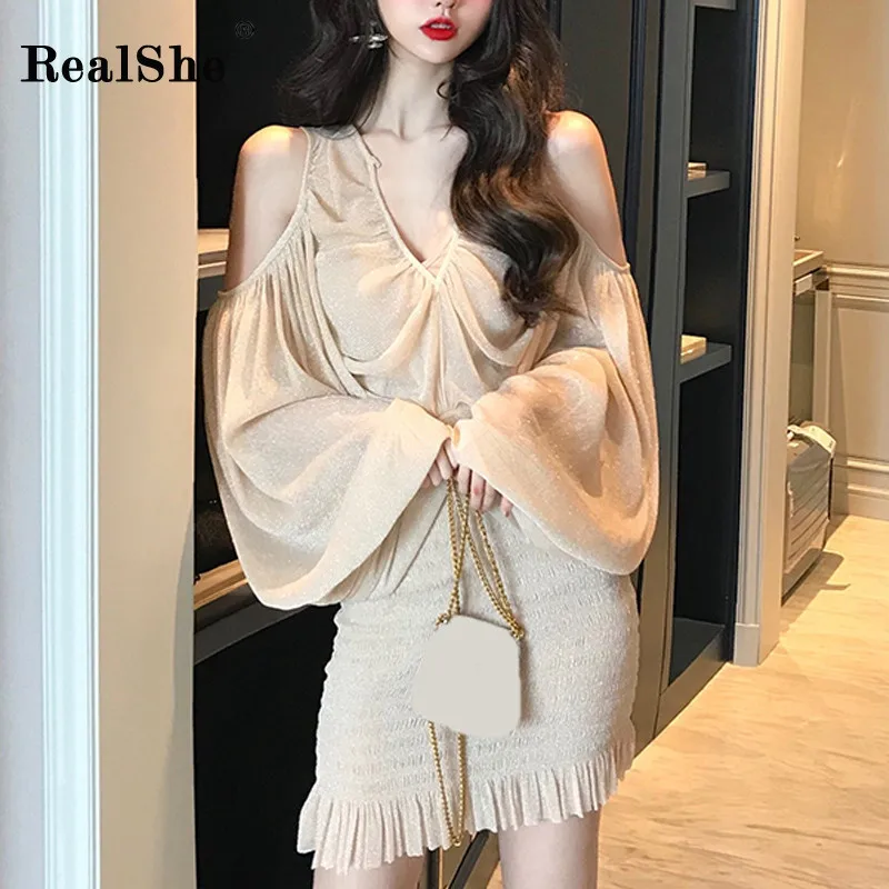 

RealShe Blouse Women V-neck Long Lantern Sleeve Loose Womens Tops And Blouses Spring Autumn Streetwear Women Chiffon Blouse