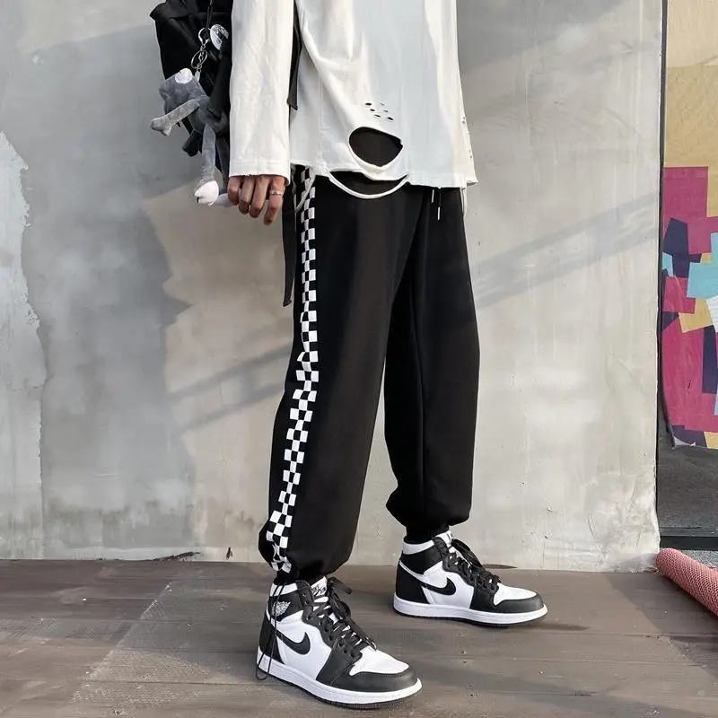 2021 New Plaid Casual Sweatpants Men Spring Autumn High Waist Elastic Loose Trousers Men Korean Drawstring Wide Leg Pants