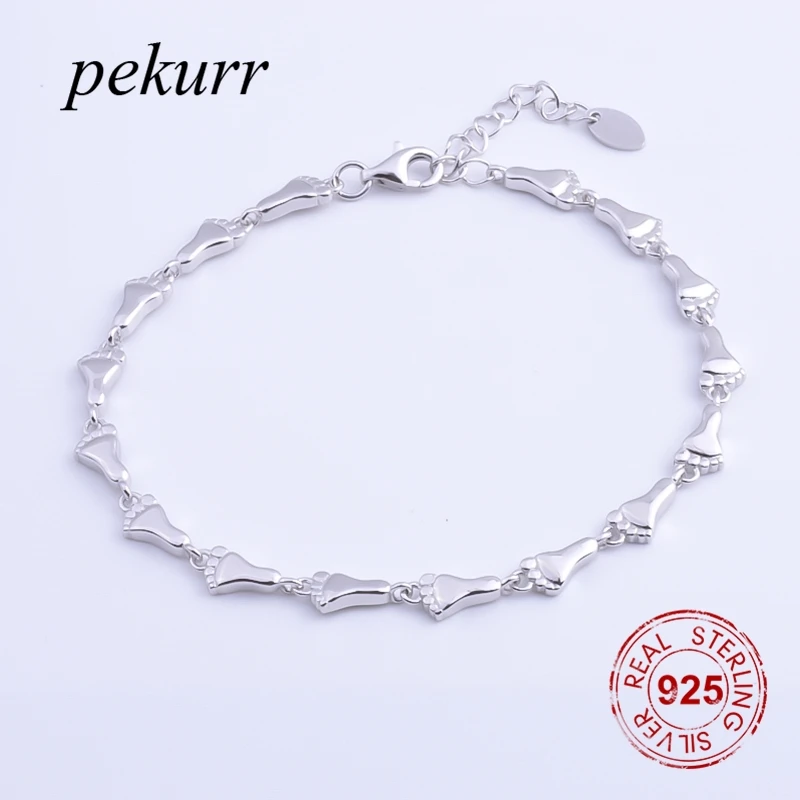 Pekurr 925 стерлингового серебра маленький отпечаток ног Браслеты Подвески для женщин девушка аксессуары дети ювелирные изделия