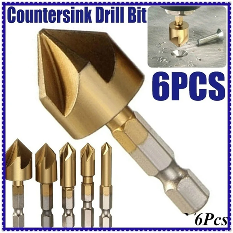 6PC 6mm 19mm Countersink Drill Bit Set Hex Shank HSS 5 Flute
