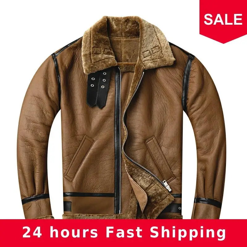 

2020 Brown Men World War II B3 Bomber Shearling Jacket Plus Size XXXL Genuine Sheepskin Russian Winter Military Shearling Coat