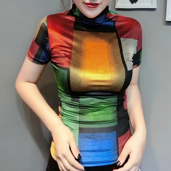 

2020 New Spring Summer European Clothes Pleuche Print Color Plaid T-shirt Women Tops Ropa Mujer Bottoming Shirt Slim Tees T02221