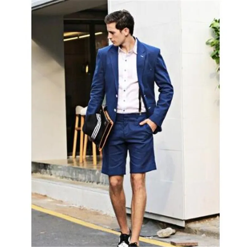 

New Arrival Navy Blue Men Suit Short Pant Casual Summer Suits Slim Fit 2 Piece Tuxedo Terno Masculino (jacket+pant)
