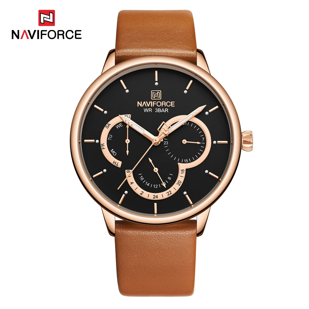 RoseGold Часы с большим циферблатом, хронограф, кожаные часы для мужчин, NAVIFORCE, Новые повседневные Брендовые Часы для мужчин, светящиеся часы с календарем, кварцевые часы - Цвет: RoseGold