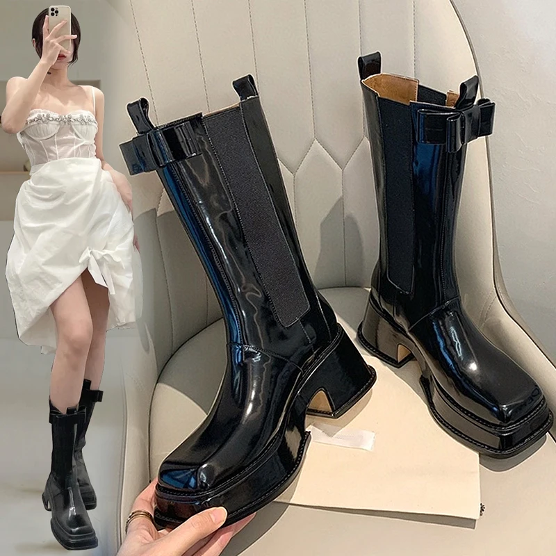 

2021 New British Style Square Toe Platform Chelsea Booties Versatile Mid-Calf Stretch Boots Women
