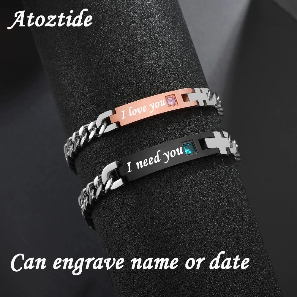 Atoztide индивидуальные браслет возлюбленной пары из нержавеющей стали для мужчин и женщин CZ камень гравировка текст Дата браслеты ювелирные изделия подарок