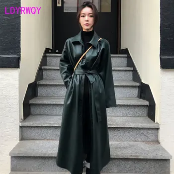 

2019pu leather new slim women's spring and autumn windbreaker Korean version of the long thin Single Breasted Office Lady