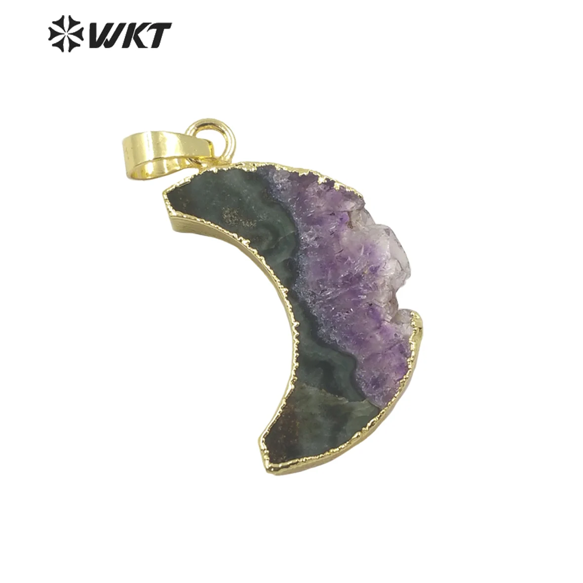 

WT-P1705 Wholesale Fashion Gold Plated Natural Amethysts Stone Pendant Handmade Slice Crescent Moon Jewelry Findings