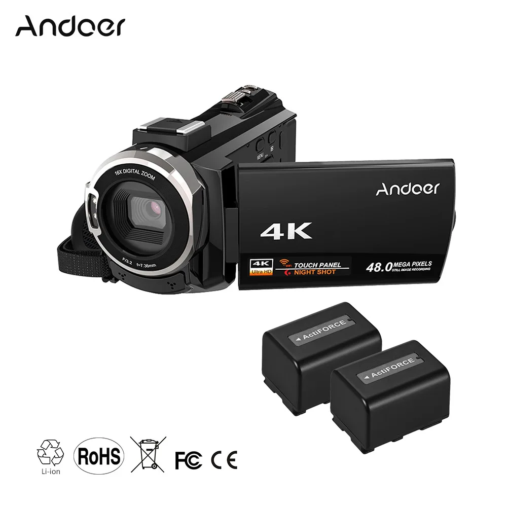 Andoer 4K 1080P 48MP WiFi цифровая видеокамера рекордер с 2 шт. аккумуляторные батареи Рождественский подарок на год - Цвет: Black 1