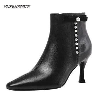 

Stiletto Thin High Heel Feminine Versatile Sexy Pointed Toe Short Ankle Boots Fairy Bow Pearl Butterfly Knot Winter Autumn Shoes