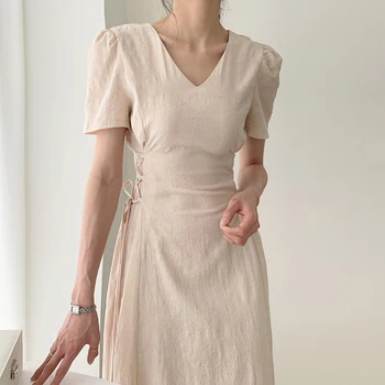 

2020 spring and summer French casual long office yellow pink linen woman dress plus size elegant women ladies dresses boho