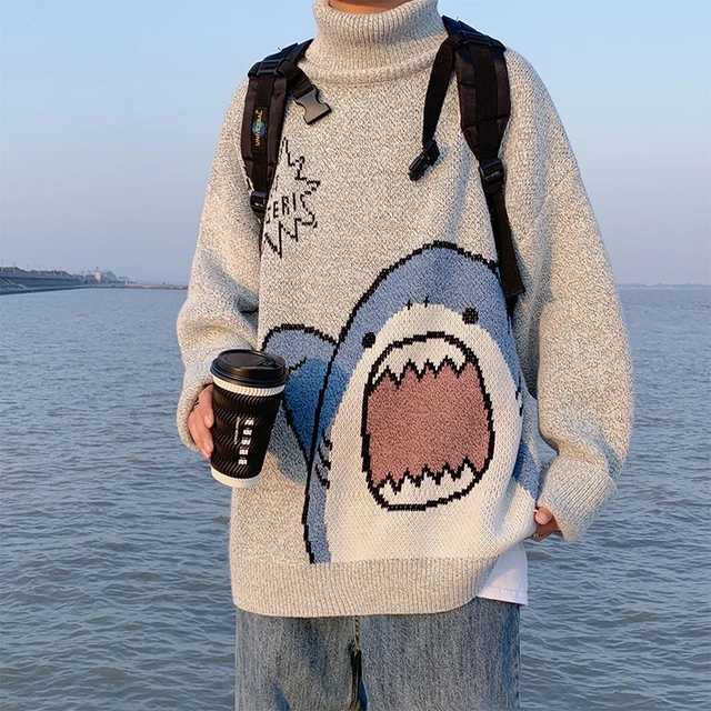 ZAZOMDE Men Turtlenecks Shark Sweater Men 2020 Winter Patchwor Harajuku Korean Style High Neck Oversized Grey Turtleneck For Men 810-1Gray