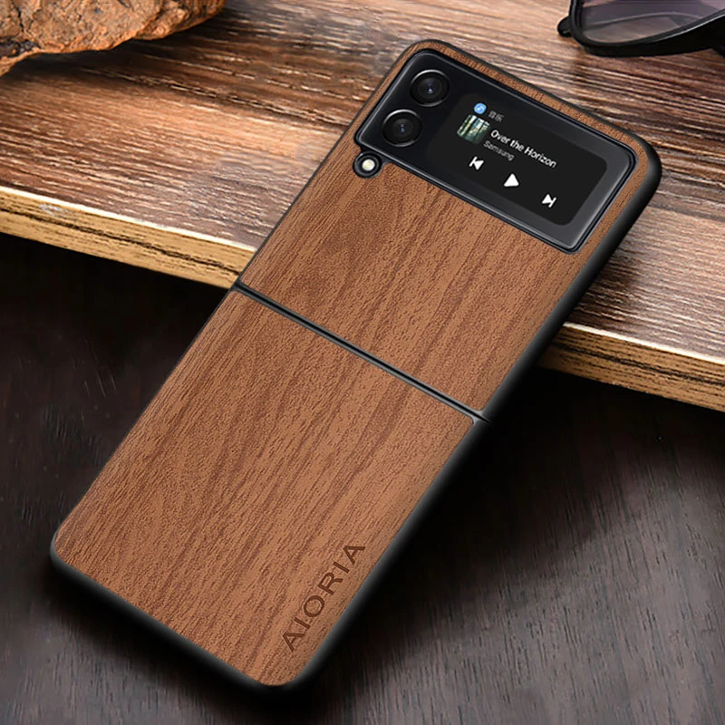 WoodLike case for Samsung Galaxy Z Flip3 5G Flip 4 hard PC and wood PU leather skin covers coque fundas galaxy z flip3 5g case