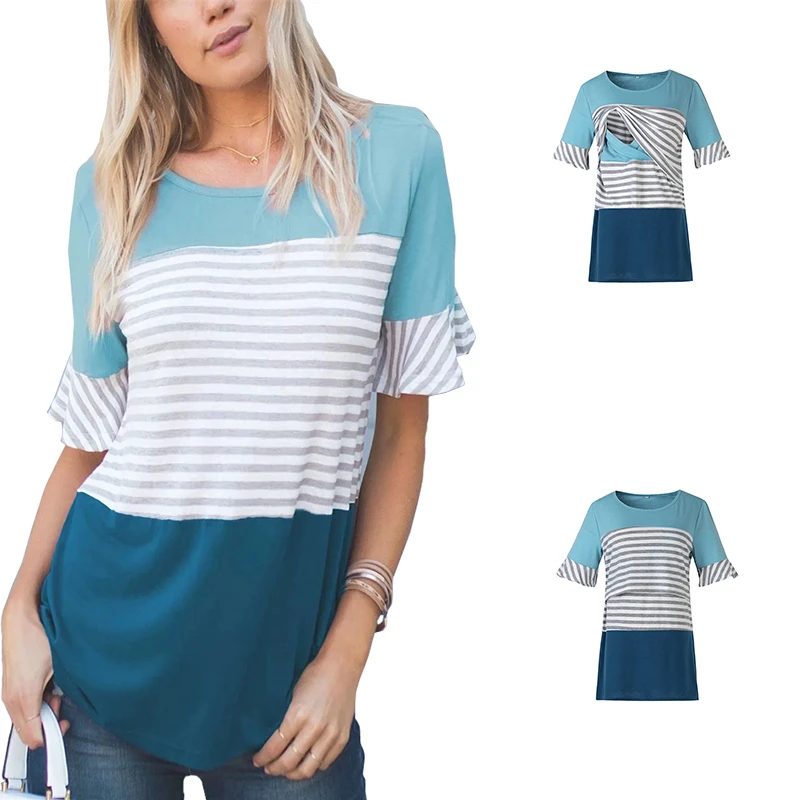 

ENXI Three Styles Patchwork Maternity Clothes Breastfeeding Clothes Nursing Top Short Sleeve Pregnancy Shirt Maternity Tops