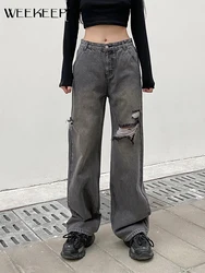 Weekeep vintage rasgado jeans feminino oco para fora baggy cintura alta reta calças de brim para senhora streetwear comprimento total y2k