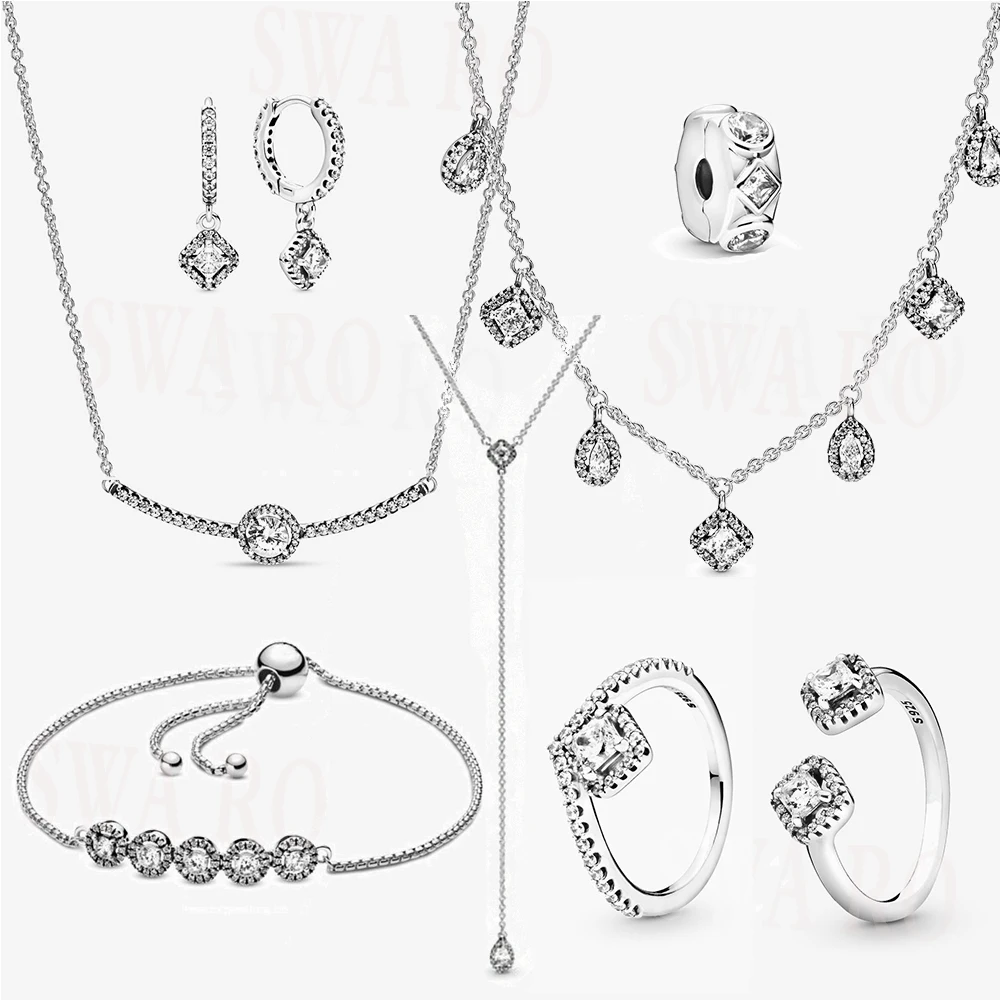 

2019 New Silver 925 Winter Series Geometry, Round Zirconia Necklace Original Women Jewelry Set Birthday Christmas classic Gift