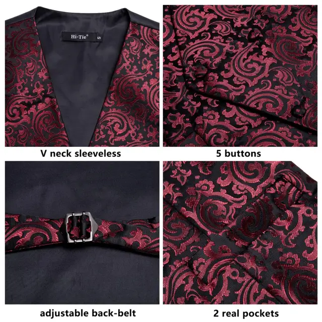 Hi-Tie Burgundy Black Floral Silk Mens Slim Waistcoat Necktie Set For Suit Dress Wedding 4PCS Vest Necktie Hanky Cufflink Set 3