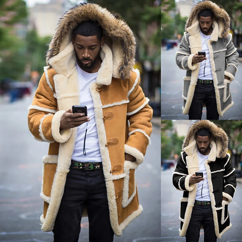 grueso de algodón hombre, chaqueta con capucha de piel de cordero y ante, abrigo de cuero cálido con Parkas interiores de felpa, novedad de invierno, 2021|Abrigos de piel sintética|