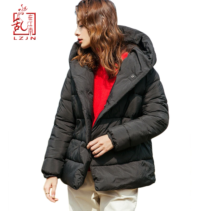 

LZJN Oversize Hooded Parka Women Padding Jacket 2019 Autumn Winter Coat Loose Quilted Short Jacket Mori Girl Korean Outerwear