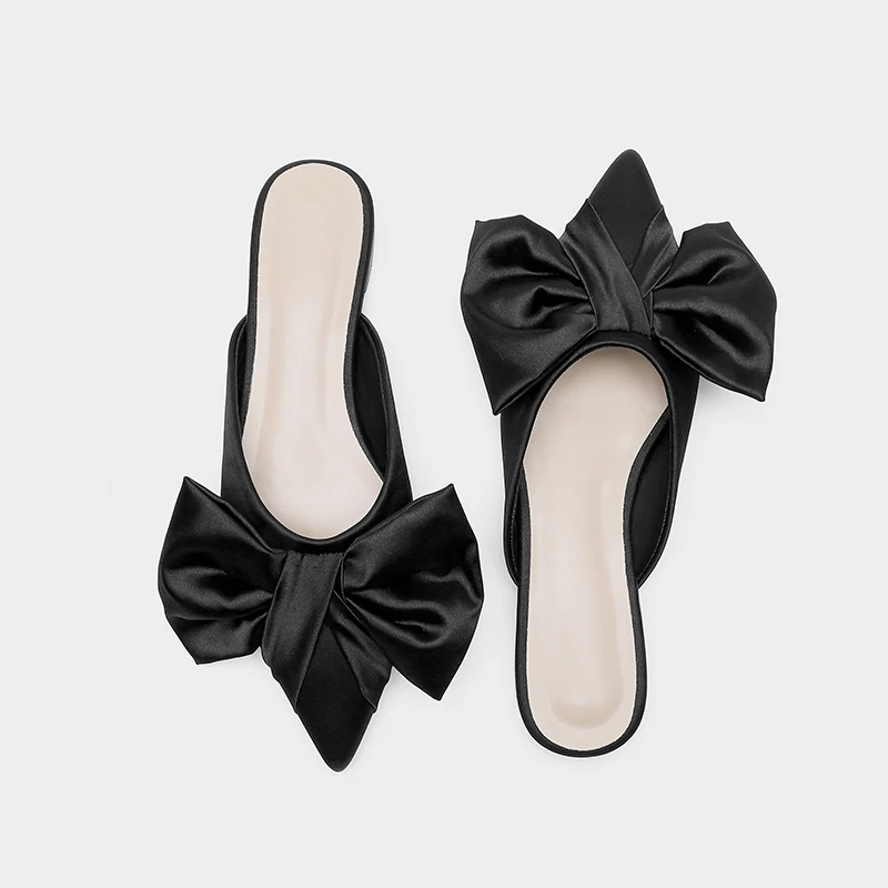 2020 Summer New Pointed Toe Baotou Half Slippers Polka Dot Bow Flat Heel Slipper