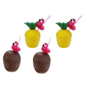 

4 Sets Pineapple Drink Cups Tropical Party Plastic Coconut Cups Party Supplies Set with Random Color Flamingo Straws for Luau Pa