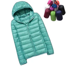 Зимний женский ультра легкий пуховик, белый утиный пух, куртки с капюшоном, теплое пальто с длинным рукавом, парка, Женская однотонная переносная верхняя одежда