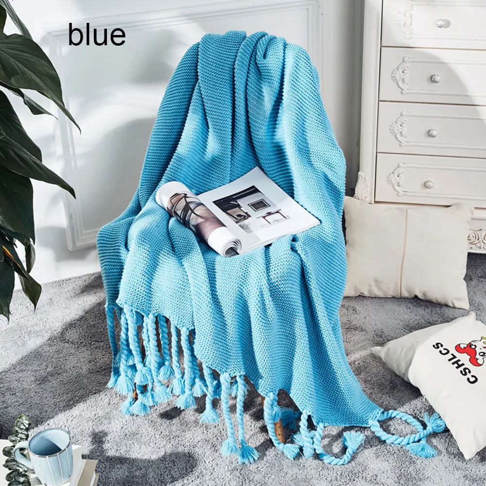B blue Портативный пледы одеяло мягкий теплый вязаный ковер нить шарф Рождественский подарок для сон в путешествиях офисный диван домашний текстиль с кисточкой - Цвет: B blue
