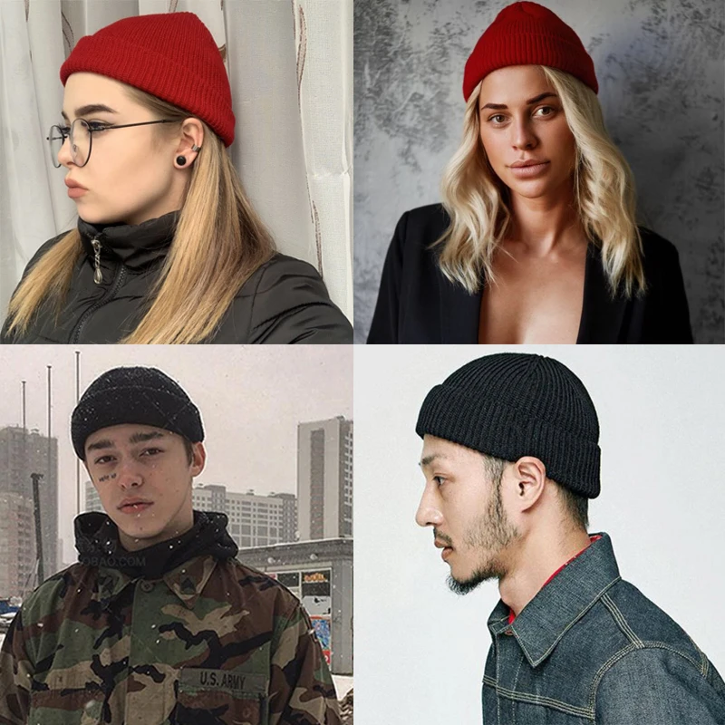 

Unisex Winter Ribbed Knitted Cuffed Short Melon Cap Solid Color Skullcap Baggy Retro Ski Fisherman Docker Beanie Hat Slouchy