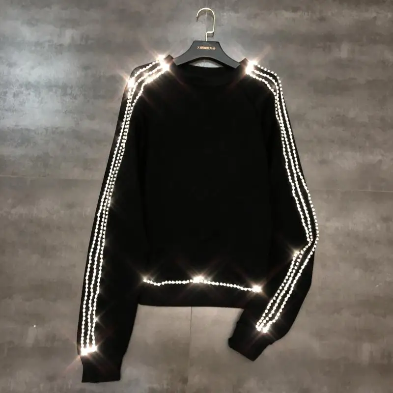 

2019 New Autumn Water Drill Chain Edge Round Collar Long-sleeve Hoodie Women Loose Sweatshirt Female Shirt Tops