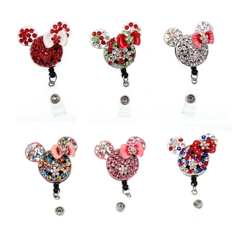 

50pcs/lot Free Shipping Crystal Rhinestone Mouse Head Retractable Badge Holder Nurse Badge Reel