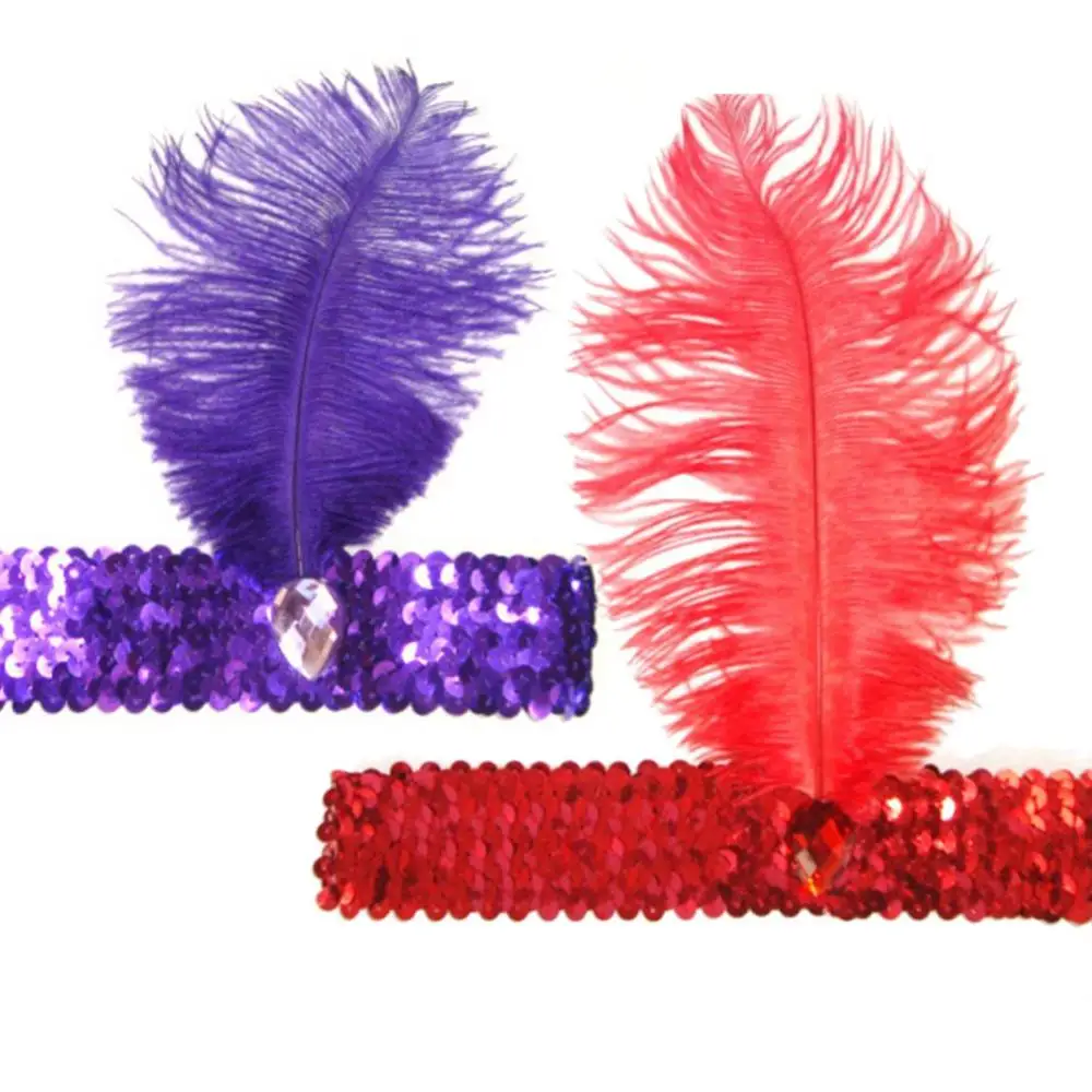 Ladies Ostrich Feather Elastic Sequins Belt Headband Flapper Indian Hairband