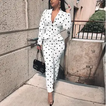 

Women Polka Dot Women Blazer Pants Suits Sets Office Lady V-Neck Top Two Pieces Sets