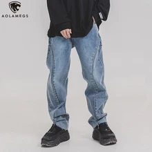 Aolamegs Jeans Men Patchwork Line Design Solid Denim Pants Men Vintage Classic Style Jeans High Street Loose Trousers Streetwear Aolamegs Jeans Men Patchwork Line Design Solid Denim Pants Men Vintage Classic Style Jeans High Street Loose Trousers Streetwear